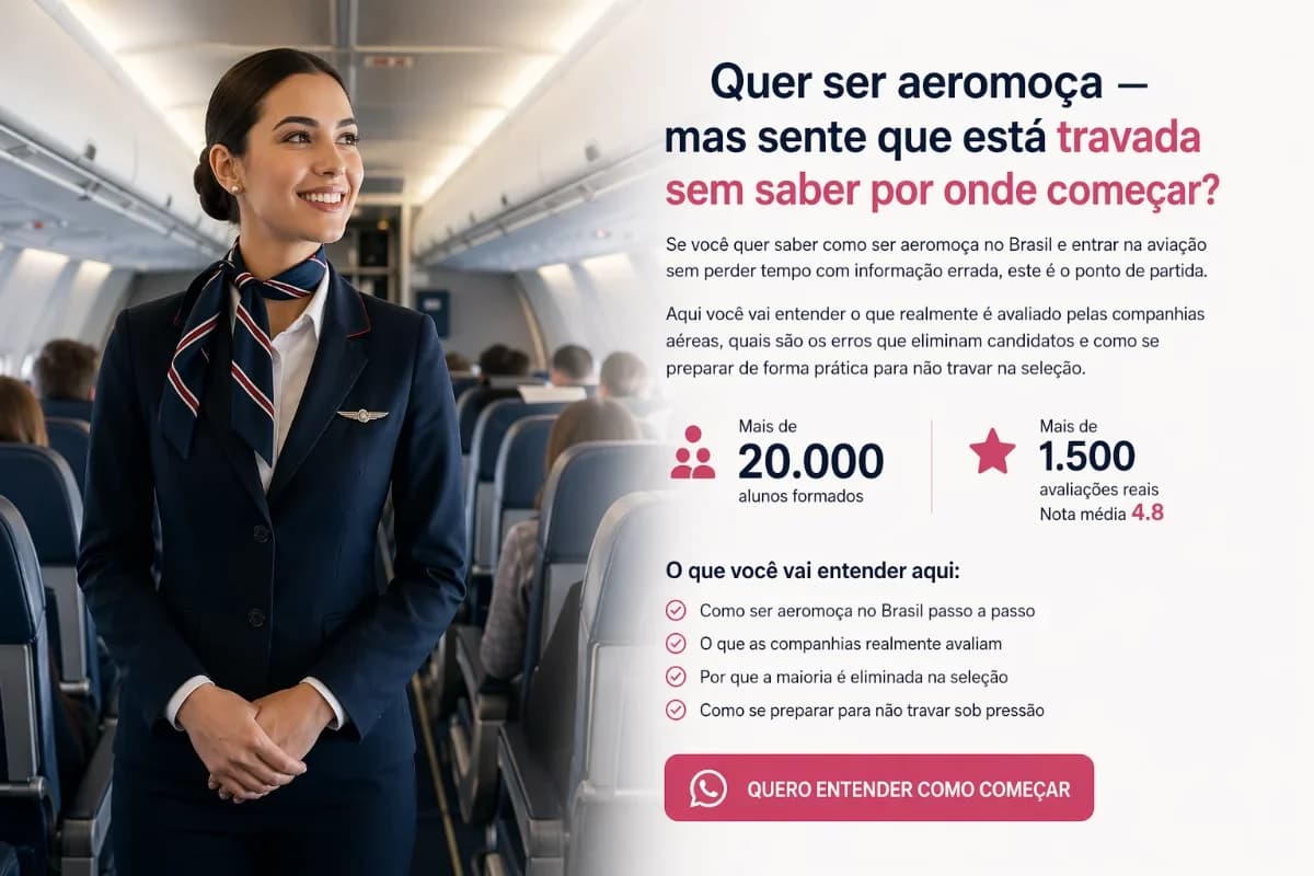 Cena realista em aeroporto moderno: uma candidata a comissária de bordo em traje social profissional segurando uma pasta e currículo, em primeiro plano, olhando confiante para o portão de embarque; ao fundo, balcões de check-in e um avião visto pela janela; composição limpa e aspiracional, profundidade de campo suave, estilo fotográfico editorial, iluminação natural de manhã, cores neutras, enquadramento horizontal 3:2, sem texto, sem logotipos, sem marcas d’água