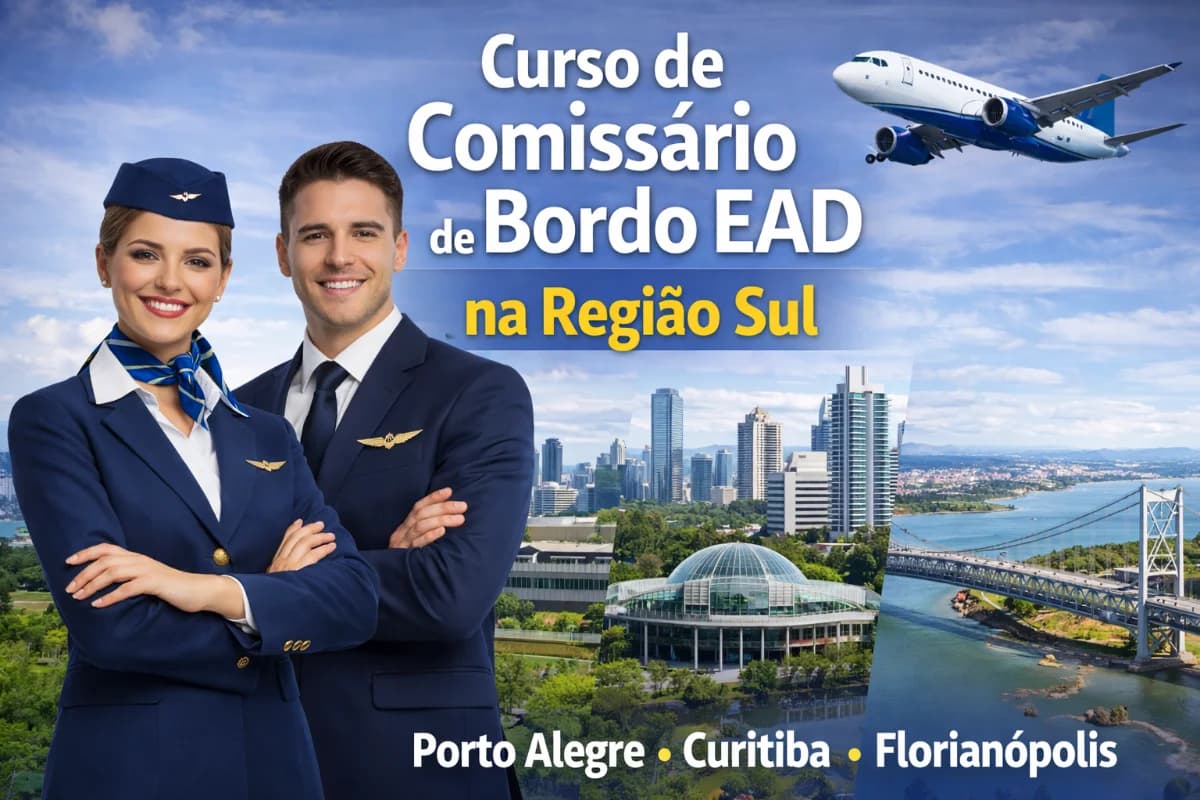 Cena realista em estilo editorial: jovem candidato(a) a comissário(a) de bordo em sala de treinamento de aviação, com mockup de cabine ao fundo e instrutor demonstrando procedimentos de segurança; ambiente moderno e limpo, equipamentos de emergência visíveis (colete salva-vidas, máscara de oxigênio, extintor) sobre uma bancada; composição com foco no aluno em primeiro plano e cabine desfocada ao fundo, sensação de preparação e profissionalismo; iluminação suave e natural de janela lateral, cores neutras com detalhes em azul; enquadramento horizontal 16:9, profundidade de campo, sem texto, sem logotipos, sem marcas d’água