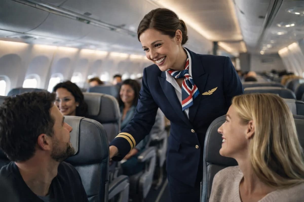 Cena de um comissário de bordo em um avião, interagindo com passageiros. O ambiente é o interior de uma aeronave moderna, com iluminação suave e assentos confortáveis. Estilo visual realista, com foco na interação e no profissionalismo do comissário. Enquadramento horizontal 16:9.