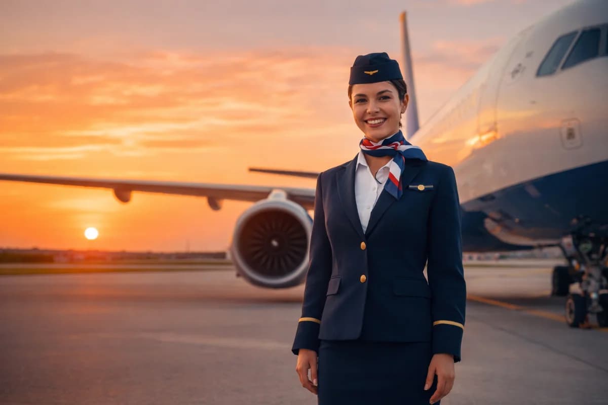 Cena realista em aeroporto moderno no Brasil: jovem candidato(a) a comissário(a) de bordo em traje social segurando pasta com documentos e um caderno de estudos, ao lado de uma mala pequena; ao fundo, balcões de check-in e um avião visto pela janela do terminal. Composição horizontal 3:2, plano médio, profundidade de campo suave, estilo fotográfico editorial, iluminação natural de fim de tarde entrando pelas janelas, cores neutras e profissionais, sem texto, sem logotipos, sem marcas d’água.