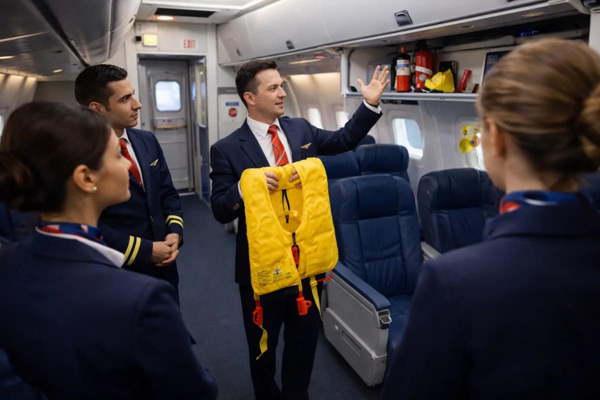 Cena de treinamento de comissários de bordo em um ambiente de simulação de cabine de avião, com instrutor orientando alunos uniformizados. A iluminação é clara e o estilo visual é realista, mostrando detalhes dos equipamentos de segurança. Enquadramento horizontal 16:9.