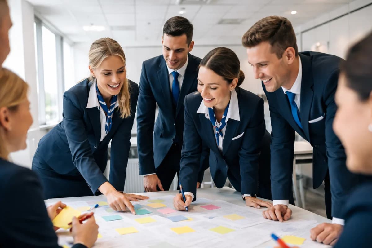 Cena de comissários de bordo em treinamento, em uma sala de aula moderna, com uniformes, interagindo em uma dinâmica de grupo, luz natural suave, estilo fotográfico realista, enquadramento horizontal 16:9