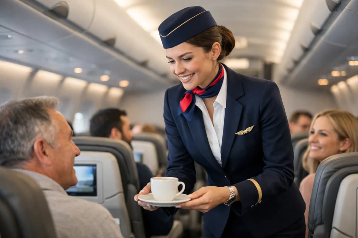 Cena realista dentro da cabine de um avião comercial moderno, com uma comissária de bordo em pé no corredor demonstrando procedimentos de segurança para passageiros sentados, compartimentos superiores fechados, iluminação suave e profissional, atmosfera calma e organizada, foco na segurança e na preparação, composição cinematográfica, profundidade de campo moderada, estilo fotográfico editorial, cores neutras, enquadramento horizontal 16:9, sem texto, sem logotipos, sem marcas d'água