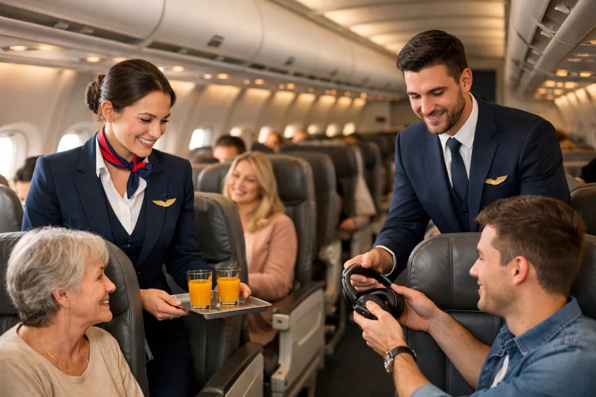 Cena em um avião comercial moderno, com comissários de bordo em uniforme atendendo passageiros, luz suave e ambiente acolhedor, enquadramento horizontal 16:9