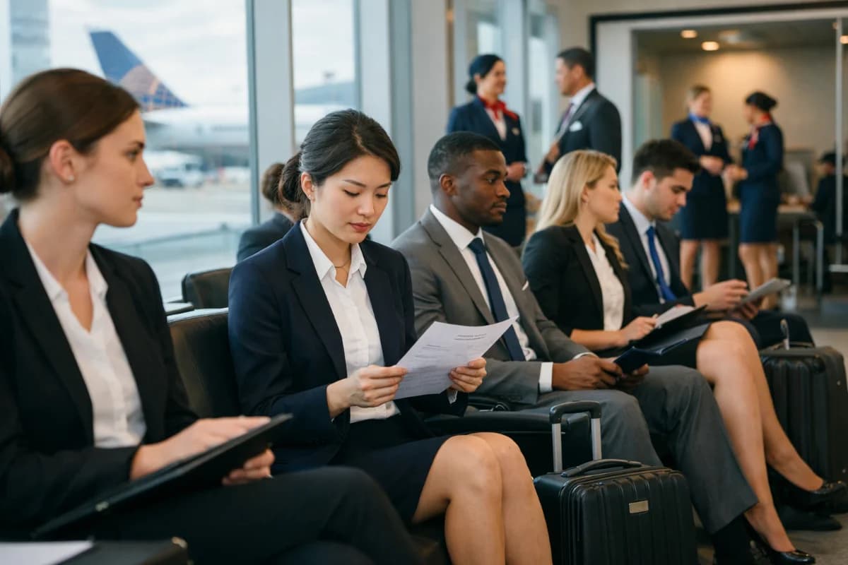 Cena em um aeroporto movimentado, com candidatos em trajes formais aguardando para uma entrevista de emprego em uma companhia aérea. A iluminação é suave e natural, com um enquadramento horizontal 16:9 que captura a tensão e a expectativa no ambiente moderno e profissional.