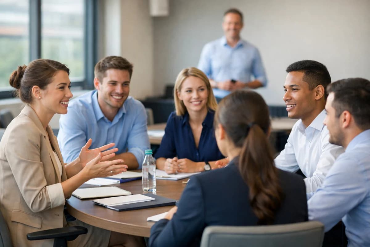 Candidatos participando de uma dinâmica de grupo em uma sala de conferências moderna, com mesas redondas e cadeiras confortáveis. A iluminação é suave e natural, destacando a interação entre os participantes. O estilo visual é realista e profissional, com um enquadramento horizontal 16:9 que captura a energia e a colaboração no ambiente.
