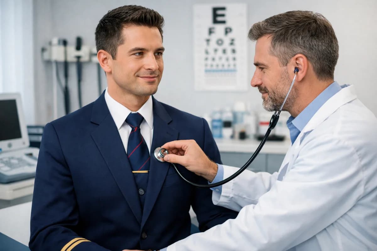 Cena em uma clínica de medicina aeronáutica moderna no Brasil: um candidato a comissário de bordo em traje social sentado em frente a um médico examinador, com equipamentos de exames ao fundo (tabela de Snellen para visão, aparelho de pressão, audiômetro em cabine), documentos e formulários organizados sobre a mesa; ambiente limpo e profissional, tons neutros, composição realista, foco no encontro médico e na preparação, profundidade de campo suave, iluminação natural difusa, estilo fotográfico editorial, enquadramento horizontal 16:9, sem texto, sem logotipos, sem marcas d’água