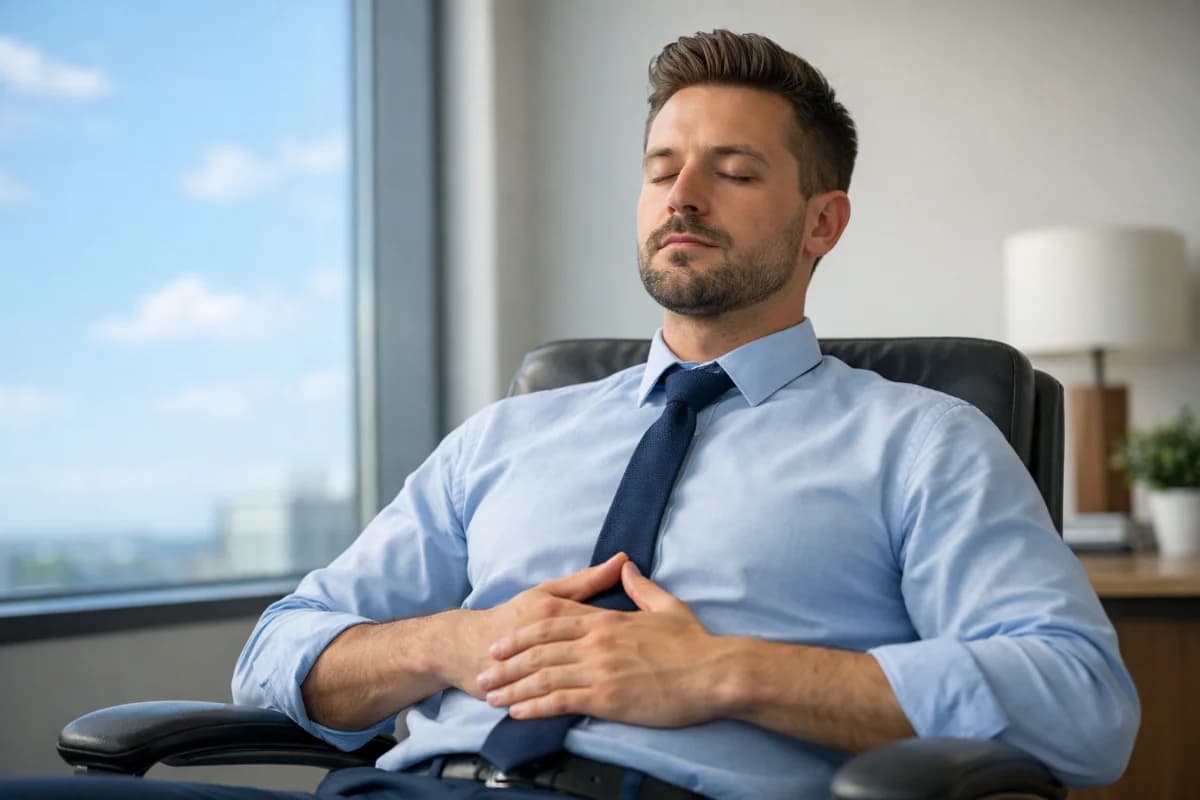 Candidato(a) a comissário(a) de bordo em sala de entrevista moderna e minimalista, sentado(a) com postura confiante, mãos apoiadas no colo, respirando profundamente; ao fundo, janela com luz suave e vista desfocada de aeroporto; mesa com bloco de notas e copo d’água; composição cinematográfica, foco no rosto sereno e linguagem corporal estável, profundidade de campo rasa, tons neutros e azulados, iluminação natural lateral suave, estilo fotográfico realista, enquadramento horizontal 16:9, sem texto, sem logotipos, sem marcas d’água