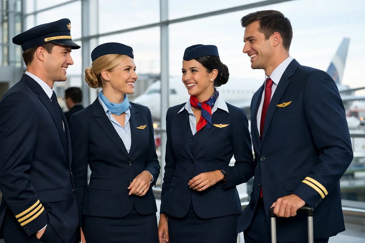 Cena realista em aeroporto moderno: um grupo de candidatos a comissário de bordo em traje social alinhado participa de dinâmica de grupo em uma sala envidraçada com vista para o pátio e aeronaves ao fundo; um recrutador observa com prancheta; composição com foco em linguagem corporal, postura e comunicação, mesas discretas, ambiente corporativo clean; estilo fotográfico editorial, cores neutras, alta nitidez, iluminação natural suave de fim de manhã, profundidade de campo moderada; enquadramento horizontal 16:9, sem texto, sem logotipos, sem marcas d’água