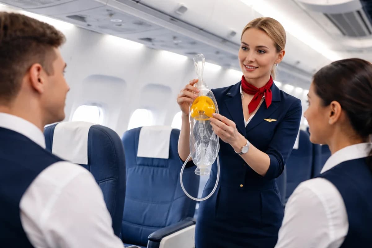 Cena realista em ambiente de treinamento de comissários de bordo: sala simuladora de cabine de avião com fileiras de assentos e corredor central, um instrutor avaliando um pequeno grupo de alunos em uniforme neutro praticando postura e comunicação durante uma dinâmica, expressões focadas, prancheta de avaliação em mãos, iluminação suave e profissional de estúdio, tons modernos e limpos, profundidade de campo moderada, composição cinematográfica com perspectiva pelo corredor, enquadramento horizontal 3:2, estilo fotográfico editorial, sem texto, sem logotipos, sem marcas d’água