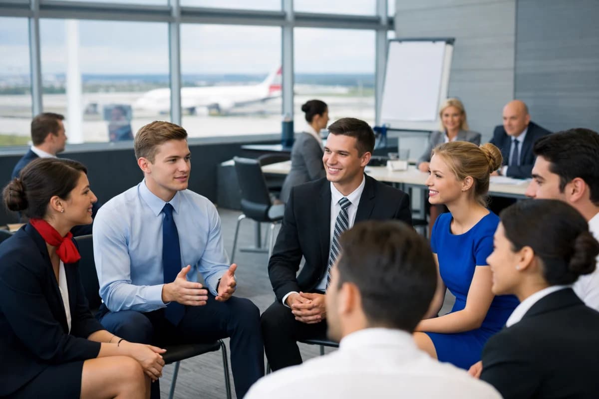 Cena realista em aeroporto moderno: candidato a comissário de bordo em traje social alinhado segurando pasta com currículo, em primeiro plano; ao fundo, sala de recrutamento com pequenos grupos em dinâmica e um painel de embarque desfocado. Composição horizontal 3:2, foco no candidato, profundidade de campo suave, estilo fotográfico editorial, cores neutras, iluminação natural suave de grandes janelas, sem texto, sem logotipos, sem marcas d’água.