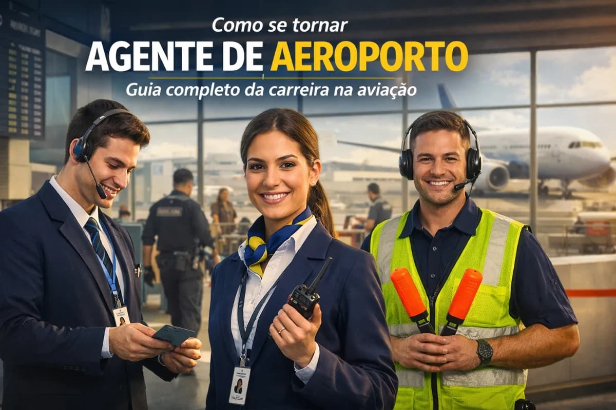 Cena realista em um terminal de aeroporto moderno: um(a) agente de aeroporto uniformizado(a) atendendo um passageiro no balcão de check-in com computador e esteira de bagagens ao lado; ao fundo, fila organizada, painéis de voos desfocados, portão de embarque e janelas com aeronave ao longe. Composição horizontal 3:2, foco no agente em primeiro plano, profundidade de campo suave, estilo fotográfico editorial, cores neutras com detalhes em azul, iluminação natural difusa de grandes janelas, atmosfera profissional e dinâmica, sem texto, sem logotipos, sem marcas d’água.