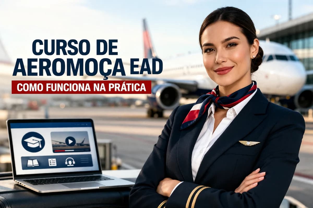 Cena realista de uma jovem comissária de bordo em treinamento estudando em casa com notebook aberto, caderno e headset, ao fundo uma mala de viagem e uma janela com vista de aeroporto e avião ao longe; ambiente organizado e moderno, clima de foco e disciplina; composição horizontal 16:9 com a personagem em primeiro plano à esquerda e elementos de aviação ao fundo à direita, profundidade de campo suave, estilo fotográfico editorial, iluminação natural suave de fim de tarde, sem texto, sem logotipos, sem marcas d’água