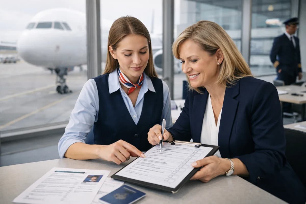 Cena em uma escola de aviação moderna no Brasil: um(a) aluno(a) e um(a) instrutor(a) analisando uma prancheta com checklist e documentos de matrícula ao lado de um simulador de cabine e equipamentos de treinamento; ao fundo, sala de aula com quadro e maquetes de aeronave, ambiente limpo e profissional, sensação de transparência e confiança. Composição horizontal 16:9, enquadramento em plano médio, foco nos rostos e nas mãos apontando itens do checklist, profundidade de campo suave, estilo fotográfico realista, iluminação natural suave entrando por janelas, cores neutras, sem texto, sem logotipos, sem marcas d’água.