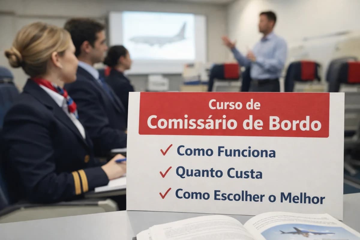 Cena realista em um aeroporto moderno no Brasil, com três profissionais representando caminhos da aviação: um agente de aeroporto com colete e prancheta ao lado do balcão de check-in, uma comissária de bordo em uniforme neutro caminhando no finger, e um piloto com mala de rodinhas observando um avião no pátio ao fundo; ambiente amplo com janelas de vidro, aeronave estacionada e veículos de solo discretos; composição em camadas com profundidade, foco nítido nos personagens em primeiro plano e leve desfoque no fundo; estilo fotográfico cinematográfico, cores naturais, iluminação suave de fim de tarde entrando pelas janelas, enquadramento horizontal 16:9, sem texto, sem logotipos, sem marcas d’água