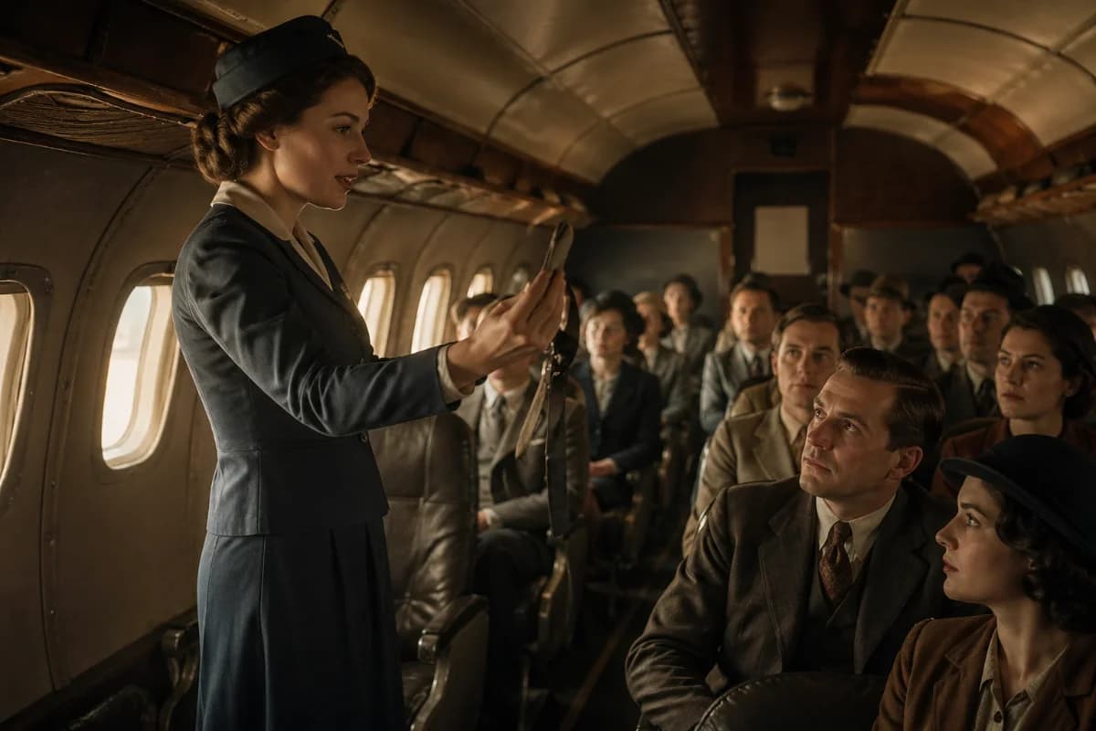 Cena histórica realista dentro de uma cabine de avião dos anos 1930, com uma comissária/enfermeira pioneira em uniforme da época orientando passageiros sentados, demonstrando cuidado e segurança; interior com janelas pequenas e detalhes vintage, atmosfera de aviação clássica; composição horizontal 3:2, foco na comissária em primeiro plano e passageiros ao fundo, profundidade de campo suave; estilo cinematográfico realista, cores levemente desaturadas, iluminação quente e difusa entrando pelas janelas, sem texto, sem logotipos, sem marcas d’água