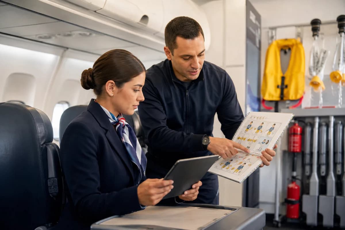 Cena realista dentro de uma cabine de avião em solo, com um(a) candidato(a) a comissário(a) estudando em um tablet e ao lado um instrutor apontando para um manual de segurança; ao fundo, equipamentos de emergência (colete salva-vidas, máscara de oxigênio, extintor) organizados; ambiente de treinamento aeronáutico limpo e moderno, tons neutros, sensação profissional; composição com profundidade de campo, foco no candidato e nos itens de segurança; estilo fotográfico editorial, alta nitidez, iluminação suave e natural, enquadramento horizontal 3:2, sem texto, sem logotipos, sem marcas d’água
