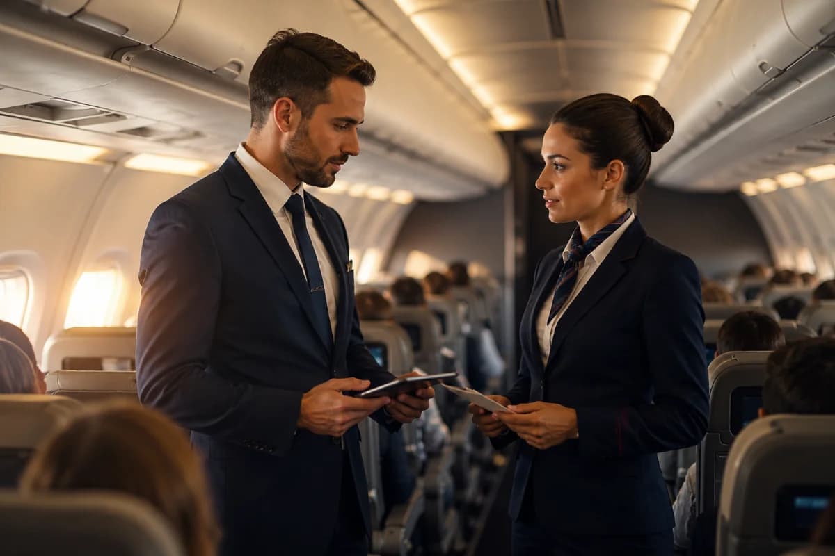 Fotografia editorial realista de um comissário de voo e uma comissária em pé no corredor de um avião comercial moderno, em briefing pré-voo com tablets e cartões de procedimentos, passageiros ao fundo desfocados, cabine iluminada por luz suave de amanhecer entrando pelas janelas, atmosfera profissional e dinâmica, composição central com linhas do corredor guiando o olhar, profundidade de campo rasa, cores neutras e elegantes, estilo cinematográfico, enquadramento horizontal 3:2, sem texto, sem logotipos, sem marcas d’água