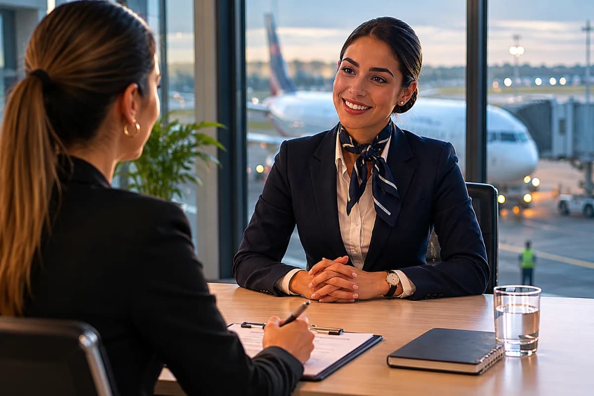 Cena realista em aeroporto: candidata a comissária de bordo em traje social conversando com recrutador em sala de entrevista envidraçada com vista para pátio e aeronave ao fundo; mesa minimalista com bloco de notas e crachá; linguagem corporal confiante e profissional; ambiente corporativo limpo, moderno; composição horizontal 3:2, enquadramento médio, profundidade de campo suave, foco nos rostos e mãos, luz natural suave de fim de tarde, estilo fotográfico editorial, cores neutras, sem texto, sem logotipos, sem marcas d'água