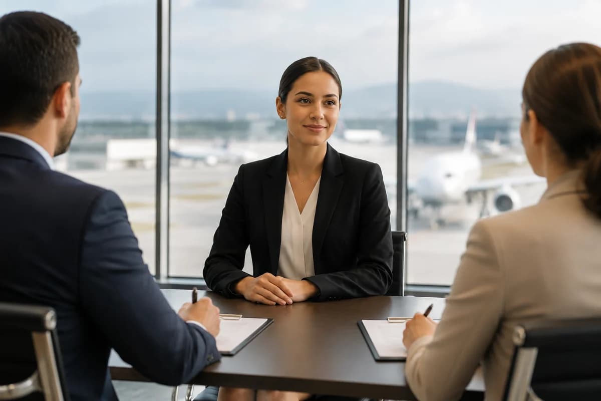 Cena realista em aeroporto moderno: uma candidata a comissária de bordo em traje social neutro sentada em sala de entrevista com dois recrutadores, mesa minimalista com prancheta e caneta, ao fundo janelas amplas com aeronave desfocada na pista, ambiente corporativo limpo e elegante, composição horizontal 3:2, enquadramento médio com foco na candidata e linguagem corporal confiante, profundidade de campo suave, estilo fotográfico editorial, cores naturais, iluminação suave de fim de manhã, sem texto, sem logotipos, sem marcas d’água