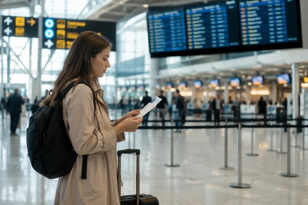 Cena realista em aeroporto moderno brasileiro: viajante iniciante com mala de mão e mochila conferindo cartão de embarque e documento ao lado de painéis de voos ao fundo; área de check-in e filas organizadas, sinalização genérica sem texto legível; composição horizontal 3:2, enquadramento em plano médio com profundidade de campo suave, luz natural difusa entrando por grandes janelas, estilo fotográfico editorial, cores neutras, atmosfera calma e eficiente, sem logotipos, sem marcas d’água