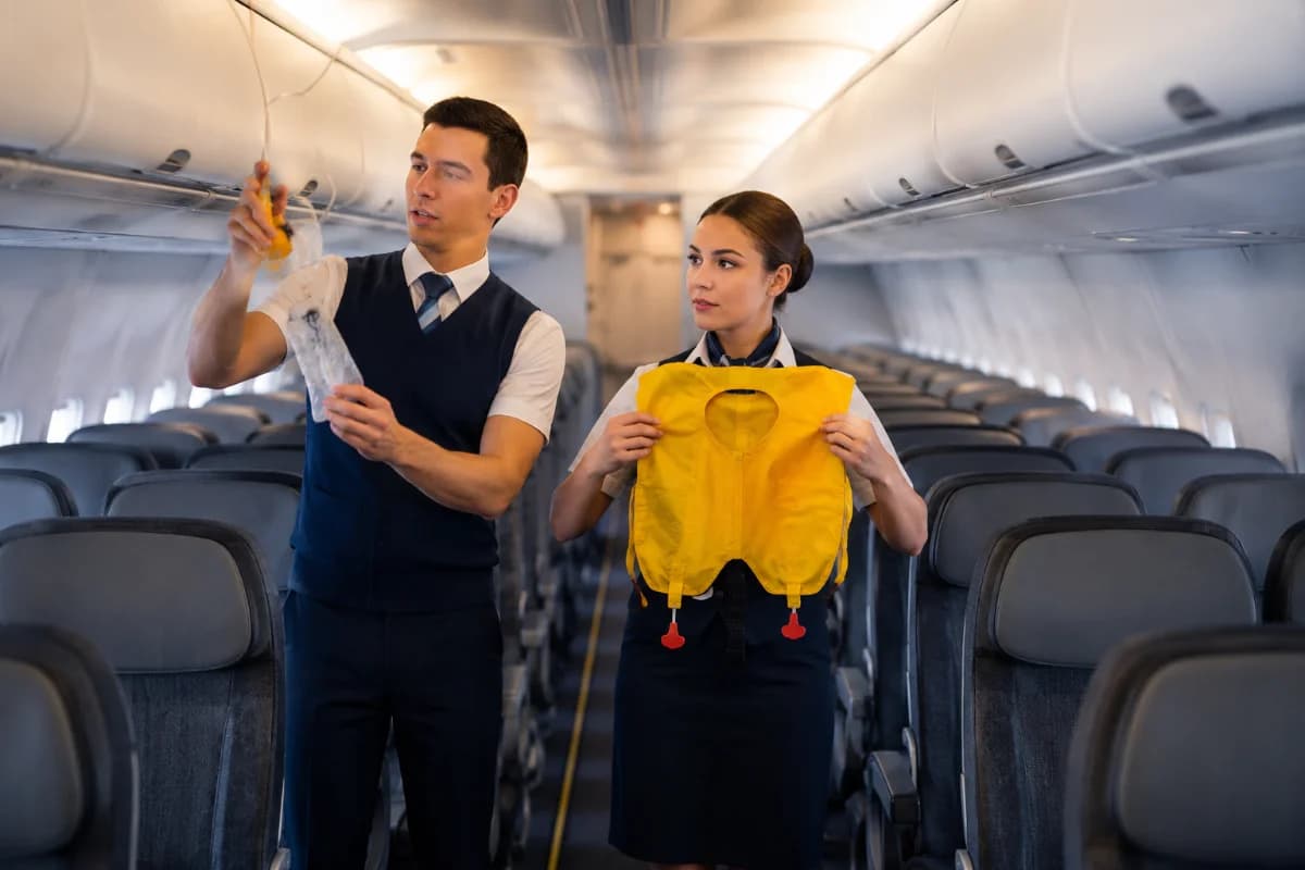 Fotografia realista de uma sala de treinamento de comissários de bordo em escola de aviação no Brasil: instrutor e alunos em uniforme neutro praticando procedimentos de segurança e primeiros socorros ao lado de um mockup de cabine de avião, com equipamentos de emergência organizados (colete salva-vidas, máscara de oxigênio, extintor) em primeiro plano. Ambiente moderno e limpo, iluminação suave e natural vinda de janelas laterais, cores neutras com detalhes em azul, composição horizontal 3:2, profundidade de campo moderada, foco nos alunos em treinamento, sem texto, sem logotipos, sem marcas d’água.
