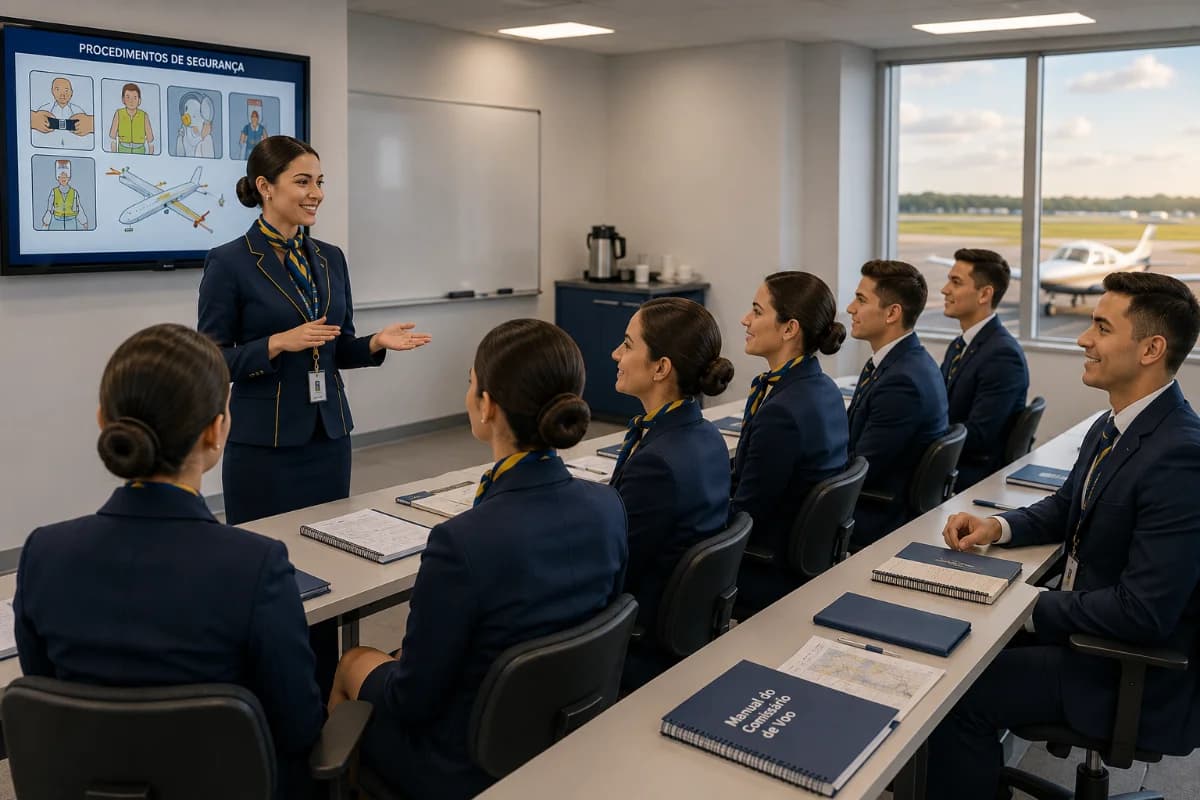 Cena em um hangar de escola de aviação no Brasil: um instrutor e dois alunos com pranchetas analisando um pequeno avião monomotor ao lado, com cones de segurança e ferramentas organizadas ao fundo; ambiente limpo e profissional, sensação de início de carreira; composição em primeiro plano com pessoas à esquerda e aeronave à direita, profundidade de campo suave; estilo fotográfico realista, cores naturais, iluminação suave de fim de tarde entrando pelo hangar; enquadramento horizontal 3:2, sem texto, sem logotipos, sem marcas d’água