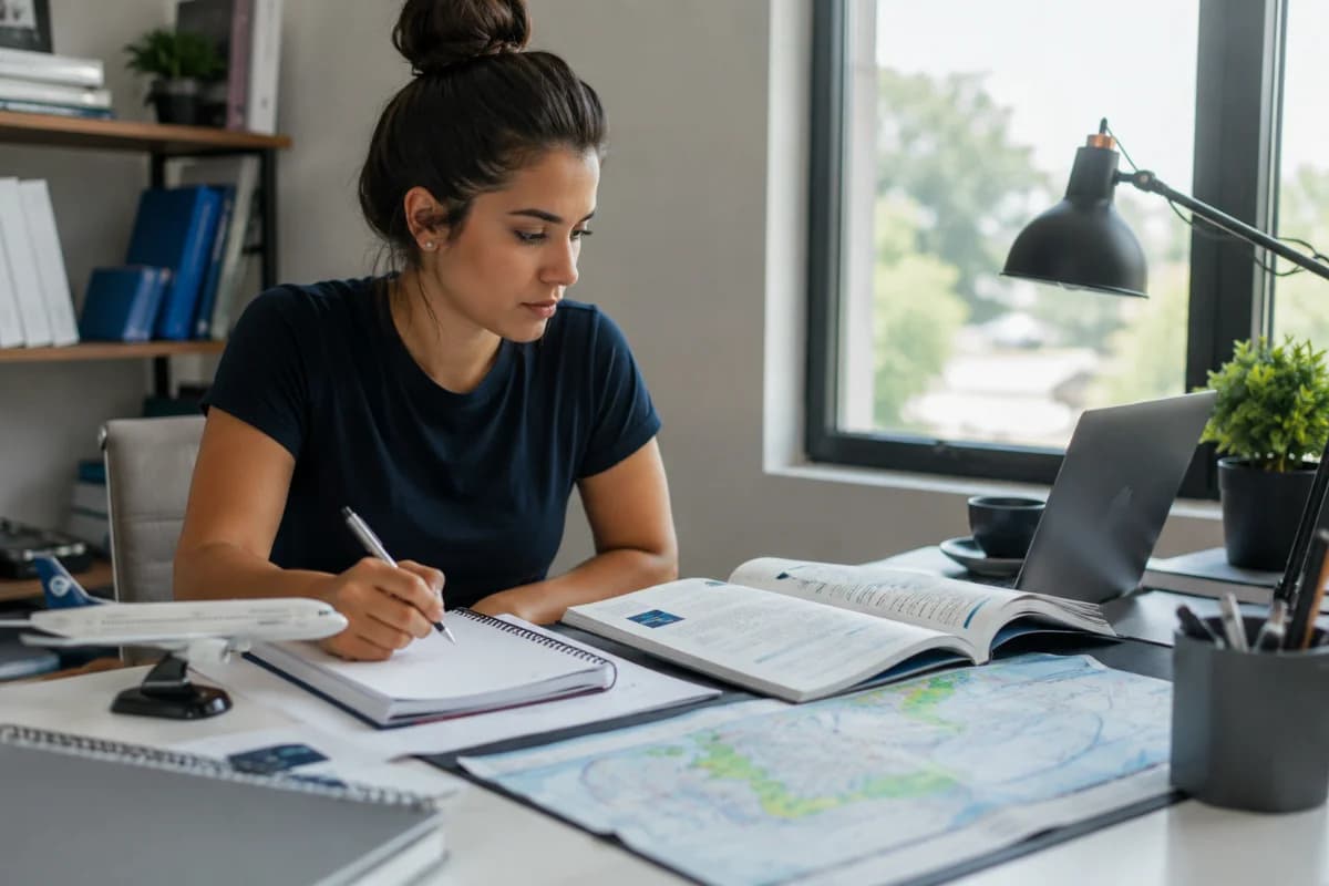 Capa horizontal 60x400, cena realista e inspiradora: jovem adulto estudando em uma mesa organizada com cadernos, laptop e apostilas de aviação, ao lado um pequeno modelo de avião e um mapa meteorológico aberto; ambiente de home office moderno e minimalista, luz natural suave de manhã entrando pela janela, composição com profundidade de campo, foco no material de estudo e expressão concentrada, estilo fotografia editorial, cores neutras com detalhes em azul, sem texto, sem logotipos, sem marcas d’água