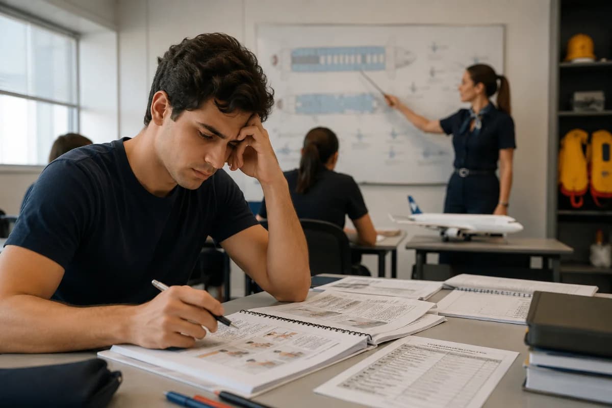 Cena realista em sala de treinamento de comissários de bordo no Brasil: um aluno sentado à mesa com apostilas e checklist de estudos, expressão pensativa e cansada, ao fundo instrutor apontando para um quadro com diagramas de cabine e procedimentos de segurança, ambiente moderno de escola de aviação, detalhes como maquete de avião e coletes salva-vidas em prateleira, composição com foco no aluno em primeiro plano e profundidade de campo suave, estilo fotográfico editorial, iluminação natural suave lateral, cores neutras, enquadramento horizontal 600x400, sem texto, sem logotipos, sem marcas d’água