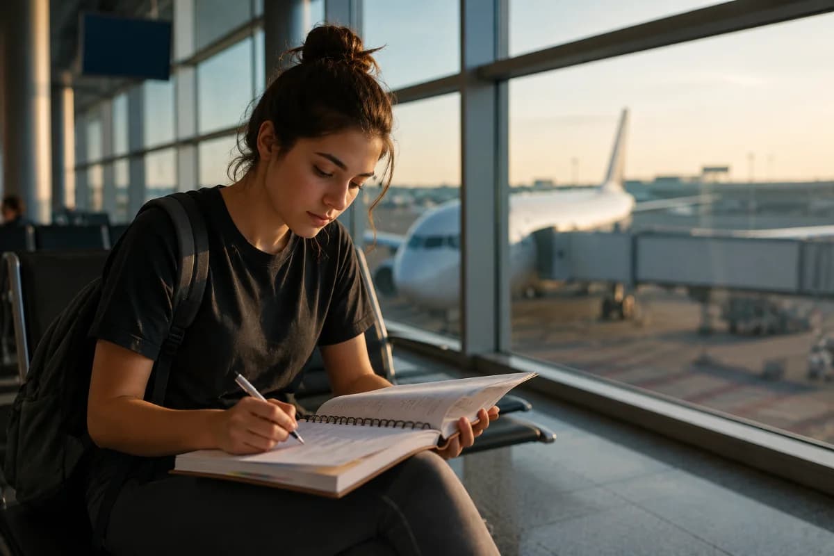 Cena realista em aeroporto moderno: jovem estudante com mochila e caderno aberto estudando em uma área de embarque, ao fundo uma aeronave vista pela janela e sinalização genérica de portão (sem texto legível). Composição horizontal 600x400, foco no estudante em primeiro plano, profundidade de campo suave, luz natural de fim de tarde entrando pelas janelas, estilo fotográfico editorial, cores neutras, atmosfera profissional e inspiradora, sem logotipos, sem marcas d’água, sem texto.