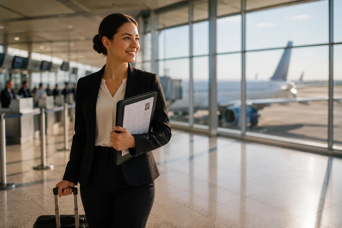 Cena realista em aeroporto moderno: jovem comissário(a) recém-formado(a) em traje social segurando pasta com documentos e currículo, ao lado de uma mala pequena; ao fundo, balcões de check-in e um avião visto pela janela; composição com foco no personagem em primeiro plano e profundidade de campo suave; estilo fotográfico editorial, cores naturais, iluminação suave de manhã, atmosfera profissional e otimista; enquadramento horizontal 600x400, sem texto, sem logotipos, sem marcas d’água