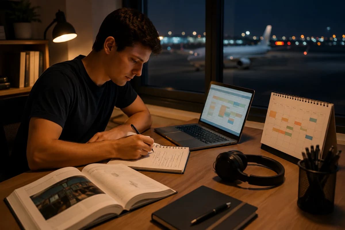 Cena realista em um quarto/home office organizado à noite, jovem adulto estudando para aviação com caderno aberto e laptop com planilha de rotina, ao lado um manual de aviação e um calendário com blocos de estudo, ao fundo uma janela com pista de aeroporto e avião taxiando desfocado, mesa minimalista, elementos discretos como fone e caneta, composição horizontal 600x400, estilo fotografia editorial moderna, iluminação suave e quente de abajur com contraste leve, profundidade de campo rasa, sem texto, sem logotipos, sem marcas d’água