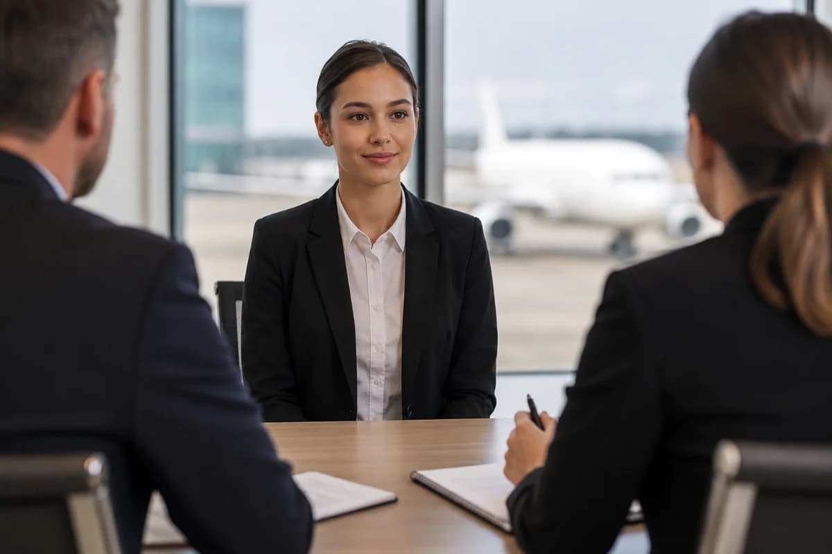 Cena realista em aeroporto moderno: candidata a comissária de bordo em traje social neutro sentada em sala de entrevista com dois recrutadores, mesa minimalista com bloco de notas, janela com vista para pista e avião ao fundo desfocado; expressão calma e confiante, postura ereta; composição horizontal 3:2, enquadramento médio, profundidade de campo suave, estilo fotográfico editorial, cores neutras, iluminação natural suave, sem texto, sem logotipos, sem marcas d’água