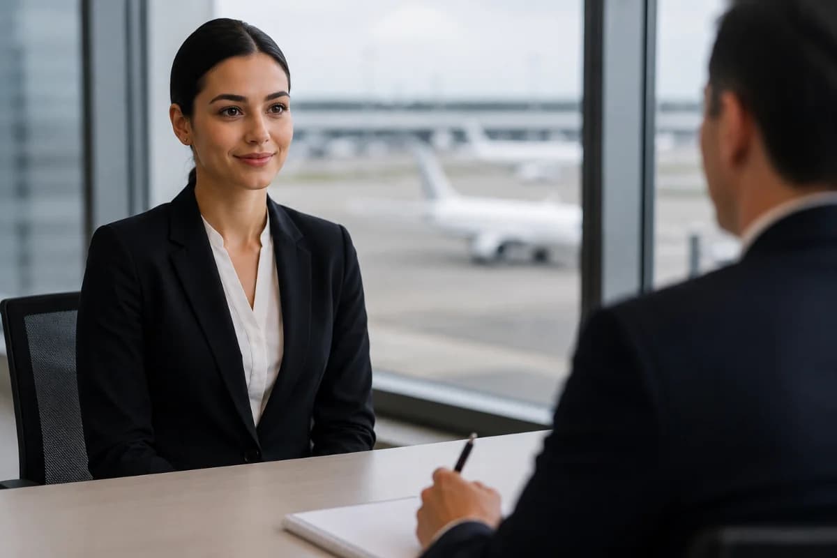 Cena realista em aeroporto moderno: candidata a comissária de bordo em traje social neutro sentada em sala de entrevista com recrutador ao fundo desfocado, mesa com bloco de notas e caneta, janela com pista e aeronave ao longe, expressão confiante e serena, composição limpa e profissional, estilo fotografia editorial corporativa, cores neutras, iluminação suave natural, profundidade de campo rasa, enquadramento horizontal 600x400, sem texto, sem logotipos, sem marcas d'água