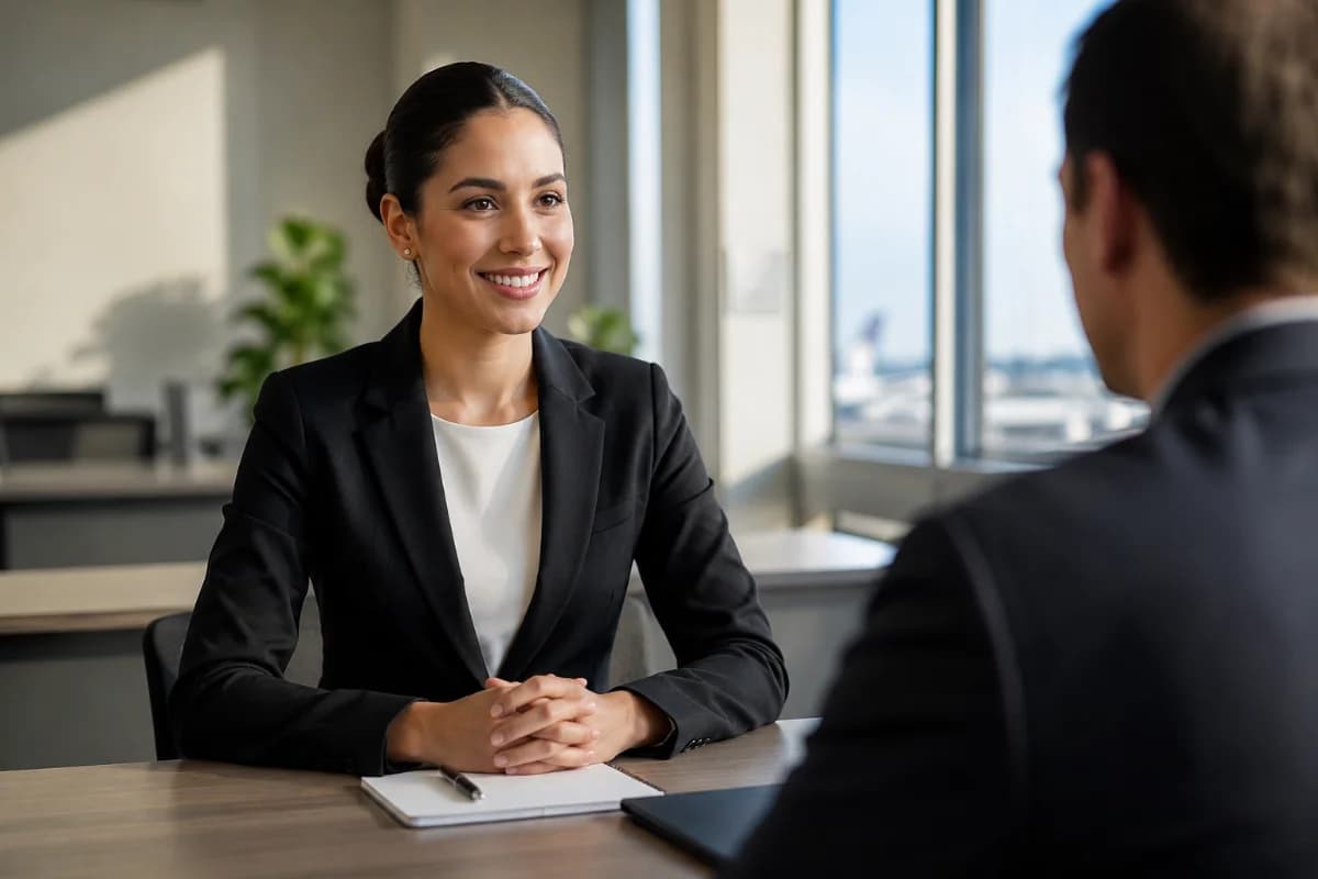 Capa horizontal 600x400, cena realista em estilo fotografia editorial: candidata a comissária de bordo em traje social discreto sentada em sala de entrevista moderna com janela e luz natural suave, mesa com bloco de notas e caneta, entrevistador desfocado ao fundo, postura confiante, contato visual, ambiente corporativo de companhia aérea, tons neutros, profundidade de campo rasa, iluminação suave lateral, composição com regra dos terços, sem texto, sem logotipos, sem marcas d'água