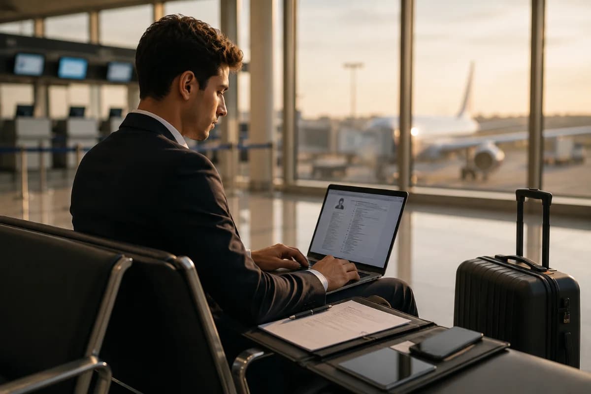 Cena realista em ambiente de aeroporto moderno: jovem candidato a comissário de bordo sentado em uma área de embarque com mala de mão ao lado, laptop aberto com currículo na tela (sem texto legível), documentos organizados em uma pasta, celular com notificações (sem texto), ao fundo balcões de check-in desfocados e aeronave pela janela; composição clean e profissional, estilo fotográfico editorial, iluminação natural suave de fim de tarde, profundidade de campo rasa, enquadramento horizontal 600x400, sem texto, sem logotipos, sem marcas d’água
