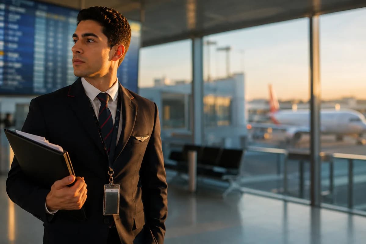Cena realista de um comissário de bordo iniciante em um aeroporto moderno ao amanhecer, segurando uma pasta com programação de voo e crachá, ao lado de um painel de partidas desfocado; ao fundo, portão de embarque e aeronave pela janela, ambiente corporativo e calmo, composição com sujeito em primeiro plano à esquerda e profundidade de campo suave, estilo fotografia editorial realista, iluminação natural suave de manhã, cores neutras, enquadramento horizontal 600x400, sem texto, sem logotipos, sem marcas d'água
