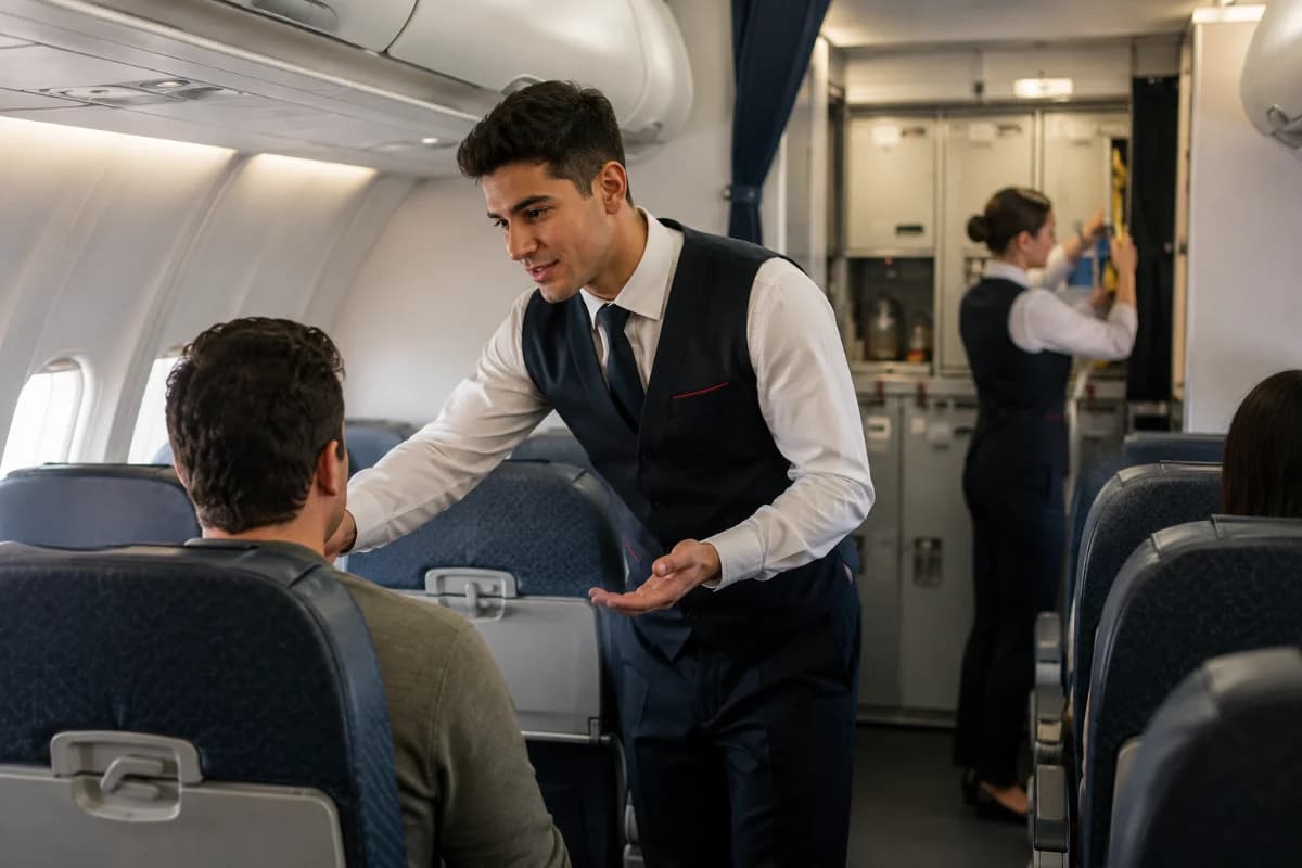 Cena realista dentro de uma cabine de avião comercial moderna, com um comissário de bordo em uniforme neutro demonstrando comunicação clara e postura profissional enquanto orienta um passageiro sentado; ao fundo, outro tripulante organiza equipamentos de segurança no galley. Ambiente limpo e iluminado, atmosfera de voo diurno, foco em segurança operacional e trabalho em equipe. Composição horizontal 600x400, enquadramento médio com profundidade de campo suave, estilo fotográfico editorial, cores naturais, iluminação suave e difusa, sem texto, sem logotipos, sem marcas d’água.