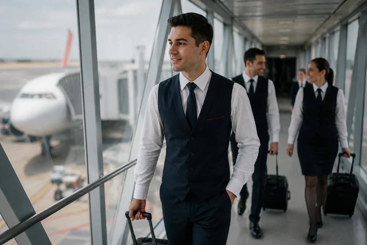 Cena realista em aeroporto: um comissário de bordo iniciante em uniforme neutro caminhando com mala de bordo ao lado de uma tripulação, em corredor de embarque com janelas grandes e aeronave ao fundo. Composição horizontal 3:2, foco no personagem em primeiro plano com expressão confiante e discreta, colegas levemente desfocados ao fundo, ambiente limpo e moderno, luz natural suave de manhã, estilo fotográfico documental, cores neutras, profundidade de campo moderada, sem texto, sem logotipos, sem marcas d’água.