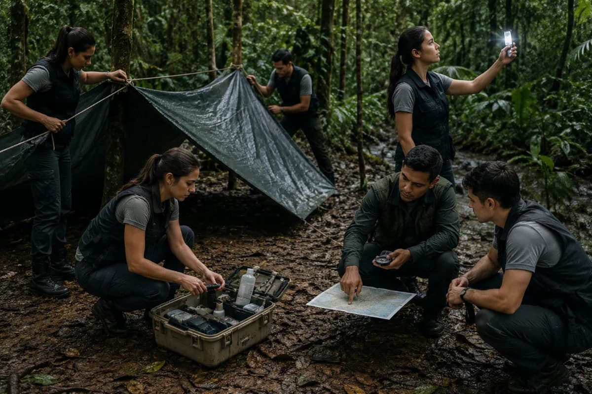 Cena realista de treinamento de sobrevivência na selva para comissários de bordo: pequeno grupo com uniformes neutros e coletes, organizando abrigo improvisado com lona e cordas ao lado de uma clareira úmida na mata tropical brasileira, kit de sobrevivência aberto no chão, um instrutor apontando um mapa e bússola, outro aluno fazendo sinalização com espelho; ambiente de floresta densa com luz filtrada entre as árvores, atmosfera séria e profissional, composição horizontal 600x400, enquadramento médio amplo mostrando pessoas e contexto, estilo fotográfico documental cinematográfico, alta nitidez, cores naturais, sem texto, sem logotipos, sem marcas d’água