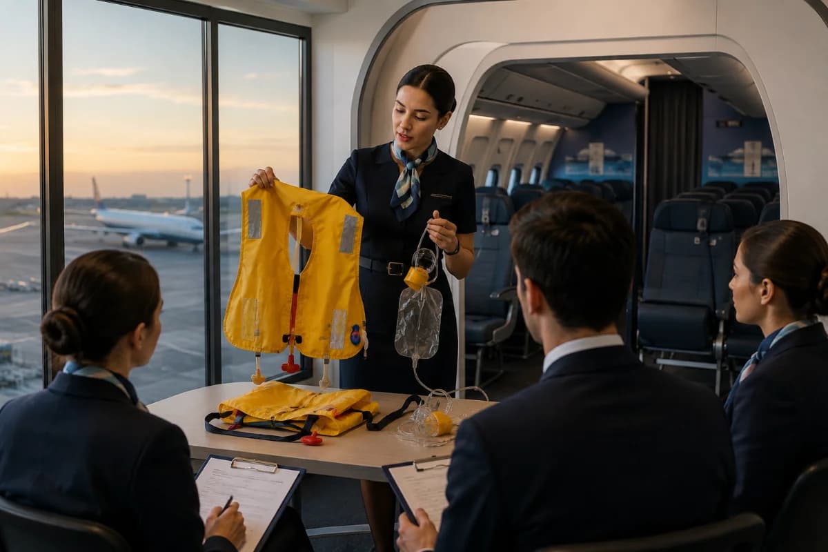 Cena realista em aeroporto e cabine de aeronave: uma sala de treinamento de comissários com mockup de cabine ao fundo, instrutor demonstrando procedimento de segurança com colete salva-vidas e máscara de oxigênio sobre uma bancada, alunos com uniforme neutro e pranchetas observando; ao lado, janela ampla mostrando pista e avião ao longe. Composição horizontal 600x400, foco nítido no instrutor e nos equipamentos de segurança em primeiro plano, profundidade de campo suave, estilo fotográfico editorial moderno, cores naturais, iluminação suave de fim de tarde entrando pela janela, sem texto, sem logotipos, sem marcas d’água.