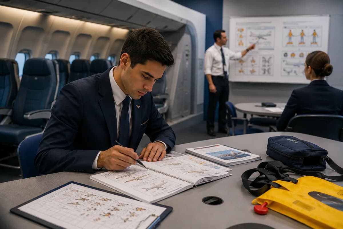 Capa horizontal 600x400, cena realista em sala de treinamento de comissários de bordo: um aluno em uniforme neutro sentado à mesa com apostilas e checklist, ao fundo um mockup de cabine de avião e instrutor apontando para um quadro com diagramas de segurança (sem texto legível). Ambiente moderno de escola de aviação, iluminação suave e profissional, tons azul e cinza, profundidade de campo com foco no aluno e materiais de estudo, estilo fotográfico editorial, alta nitidez, sem logotipos, sem marcas d’água, sem texto