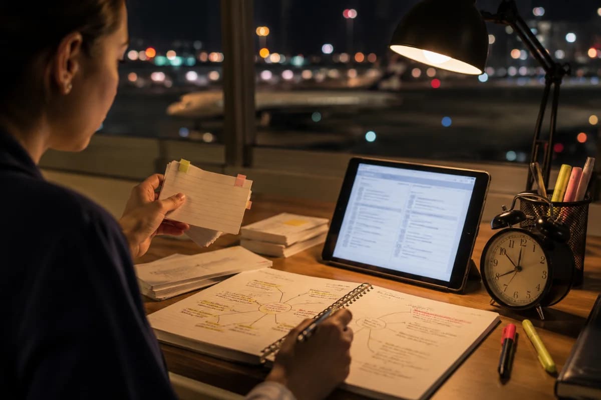 Cena em uma mesa de estudos organizada em casa à noite, com um(a) estudante de comissário(a) de bordo revisando com flashcards e um caderno com mapas mentais, ao lado de um tablet exibindo um simulado (sem texto legível), caneta marca-texto e um relógio; ao fundo, uma janela com luzes desfocadas de aeroporto e silhueta de aeronave distante; composição clean e realista, foco nos materiais de estudo em primeiro plano, profundidade de campo suave, iluminação quente de abajur com contraste suave, estilo fotografia editorial, enquadramento horizontal 600x400, sem texto, sem logotipos, sem marcas d’água