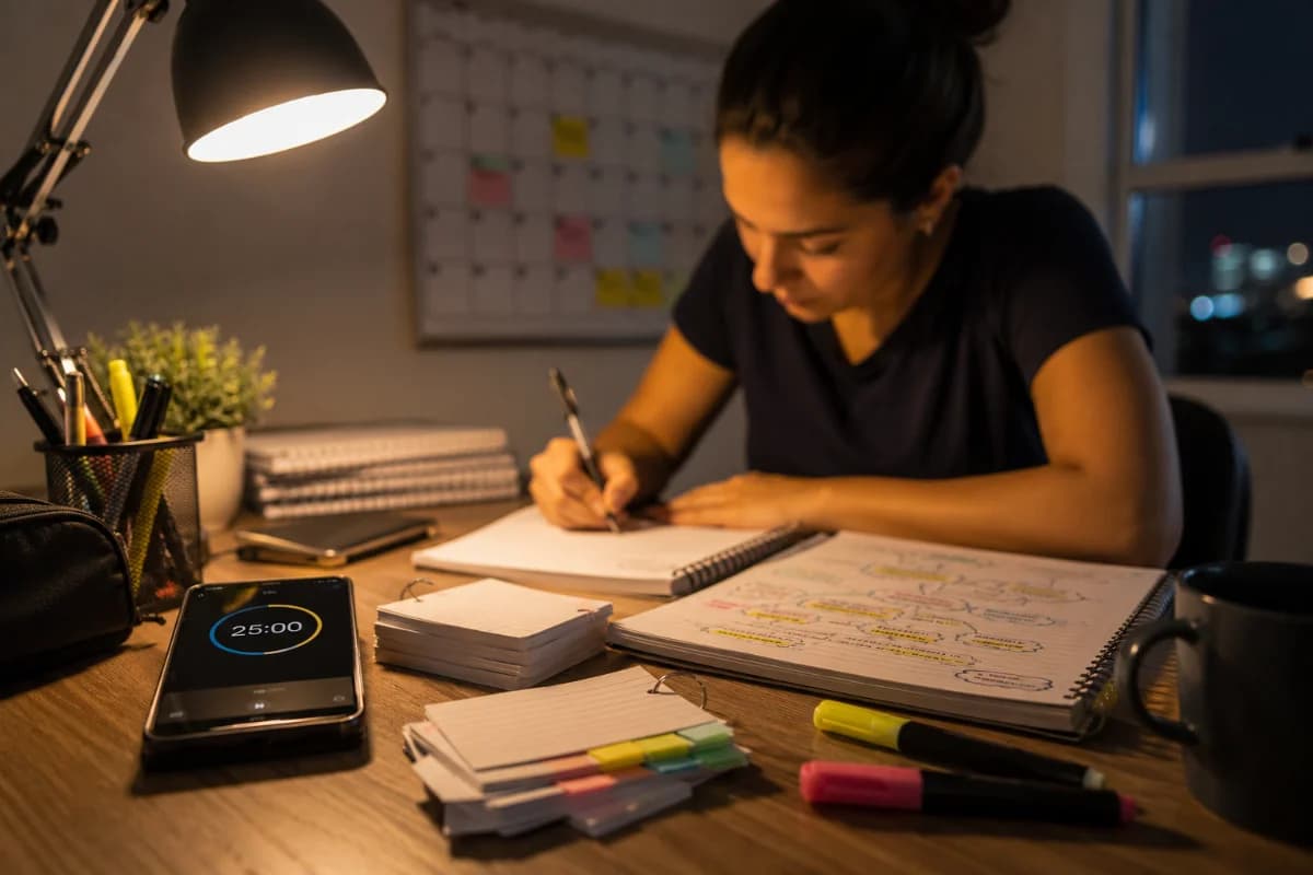 Capa horizontal 600x400 mostrando uma pessoa adulta estudando em casa à noite em uma mesa organizada, com caderno aberto, flashcards e um celular com timer de 25 minutos ao lado, um calendário semanal na parede ao fundo com marcações discretas (sem texto legível), iluminação quente de abajur e luz suave de janela, atmosfera realista e motivadora, composição com foco nas mãos e materiais de estudo em primeiro plano e o rosto levemente desfocado, estilo fotografia editorial moderna, alta nitidez, sem texto, sem logotipos, sem marcas d’água