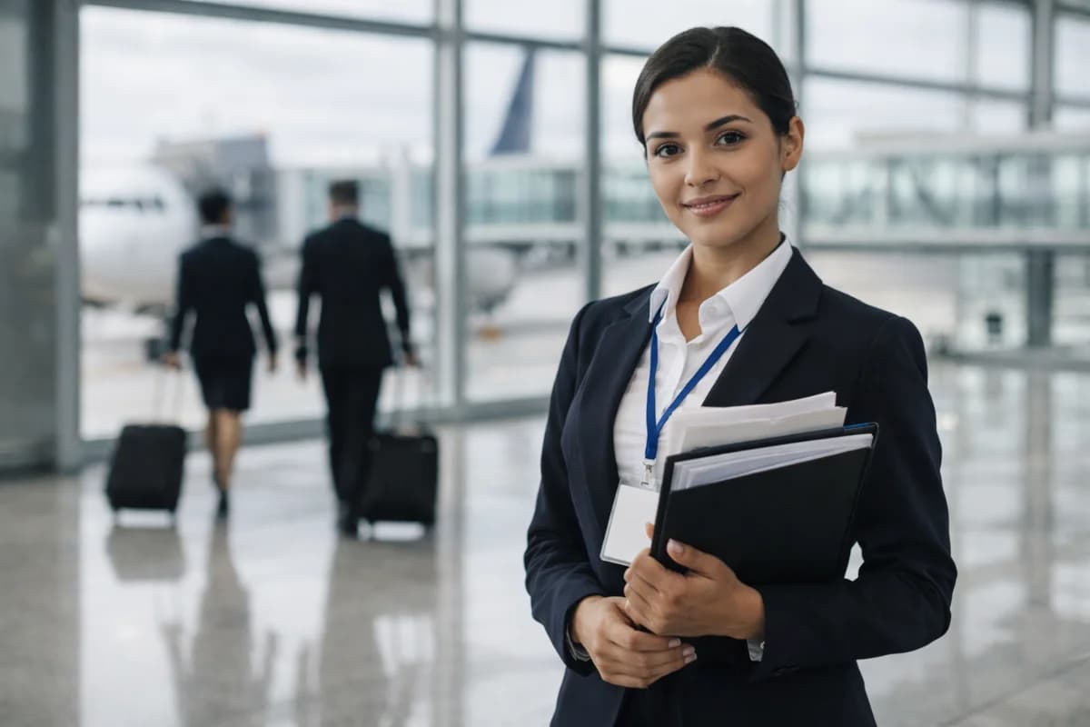 Cena realista em aeroporto moderno: jovem candidato(a) a comissário(a) de bordo em primeiro plano segurando uma pasta com documentos e crachá neutro, ao fundo um avião comercial no finger e tripulantes caminhando, ambiente de terminal com grandes janelas e luz natural suave, composição limpa e profissional, estilo fotografia editorial, cores neutras, profundidade de campo com fundo levemente desfocado, enquadramento horizontal 600x400, sem texto, sem logotipos, sem marcas d'água